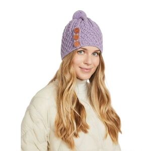 Aran Shrule Merino Wool Knit Pattern Hat with Pom Pom - Lavender